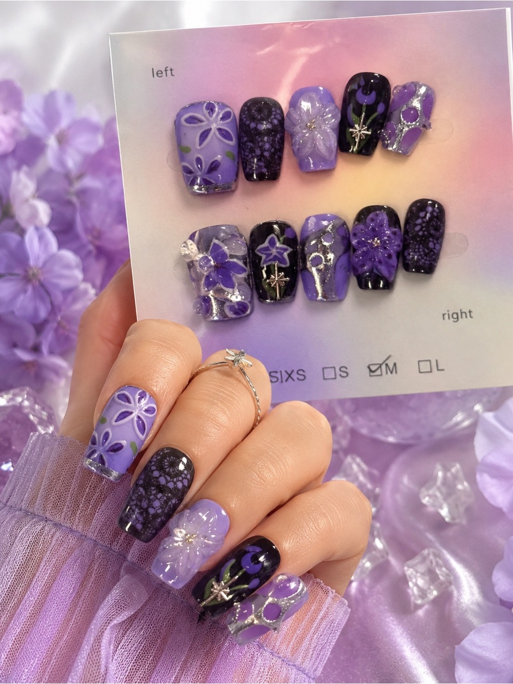 Handmade Purple Floral Press On Nails Short Coffin Size Medium 3D Y2K